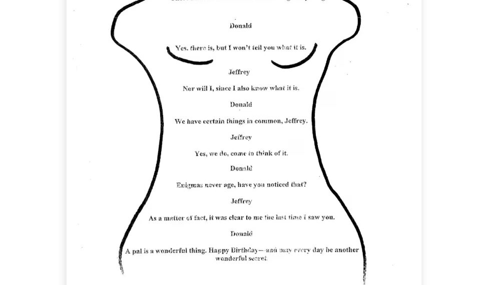 Revelan carta de cumpleaños de Epstein firmada por Trump en el área pélvica de una figura femenina