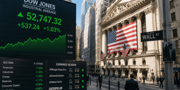 Dow Jones gana más de 500 puntos impulsado por resultados y caída del petróleo