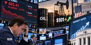 Dow Jones cae 405 puntos mientras el petróleo supera $101 y las tasas vuelven a subir